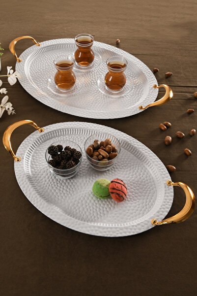 AKSESUAR EVRENİ مجموعة سين بيضاوية مكونة من 2 صينية فاخرة باللون الأبيض