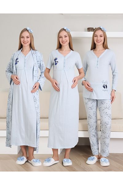 ERDENİZ TEKSTİL Cămașă de noapte de maternitate, pijamale și rochie de dimineață Set de 4 / Guler brodat și cu nasturi / țesătură din bumbac pieptănat