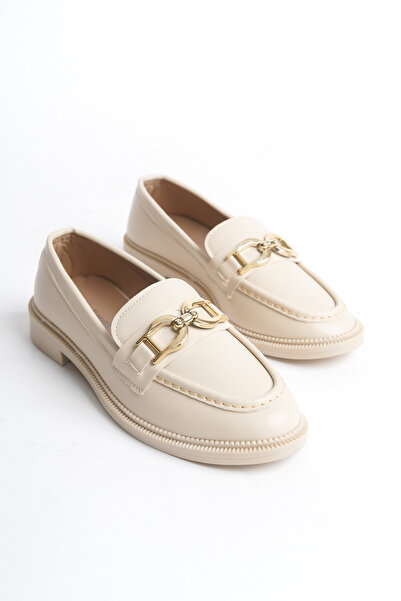 Taha Türk Kadın Krem Loafer Gold Toka Detaylı Maskülen Kadın Ayakkabısı Casual Günlük Şık ve Rahat Ayakkabı