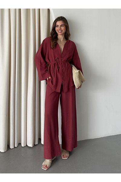 Laluvia Burgunderfarbenes Hemd-Hosen-Set aus 100 % Baumwolle mit mehreren Knöpfen – 8377