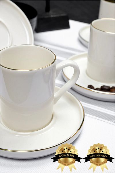 Farika Porselen Miray 12 Piece 6 Person Gold Gilding 80 ml Porcelain Coffee Cup Set