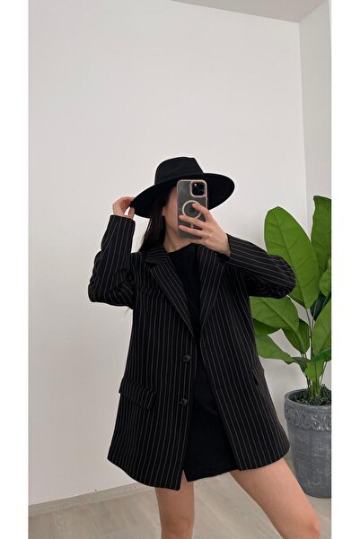 Nazline Women's Striped Double Button Flap Pocket Wide Fit Blezer Jacket