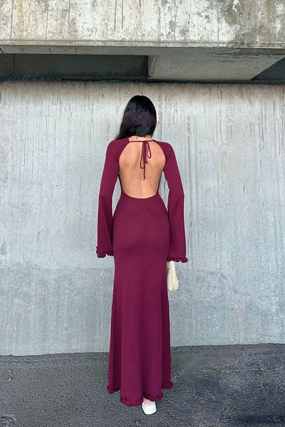 fmnbutik Deep Back Low-Cut Knit Knitwear Long Belen Sitting Bell Eteli Equivalent Dress