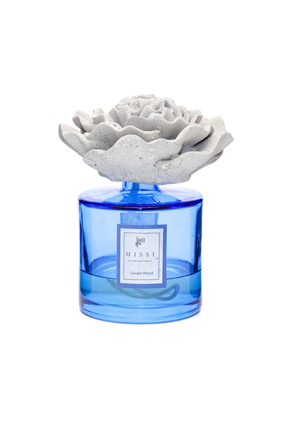 Missi 500 ml Mavi Silindir Şişe Gri Çiçek Taşlı Sandal Wood Oda Kokusu