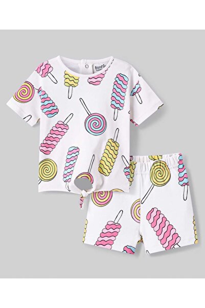 Bonfino All Over Ice Cream and Lollipop Printed Half Sleeves Co-ords T-shirt & Shorts Set-White/Pink