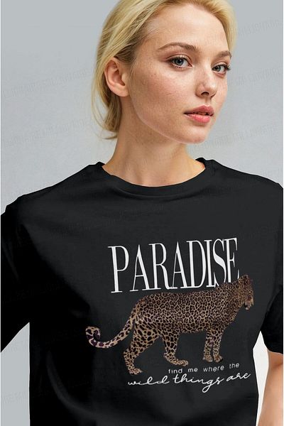 Millionaire Tricou cu mânecă scurtă pentru femei Black Paradise Leopard, cu croială relaxată, cu croială relaxată