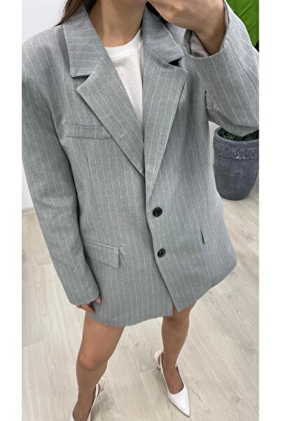 Nazline Women's Striped Double Button Flap Pocket Wide Fit Blezer Jacket