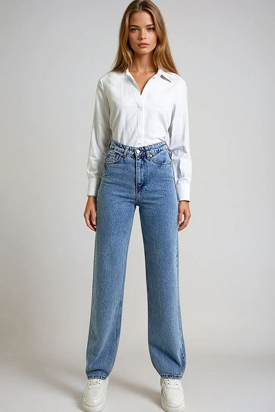 VAGGON Pantaloni de damă, albastru gheață, cu talie înaltă, spălați, pantaloni Palazzo Jean Prmx13306