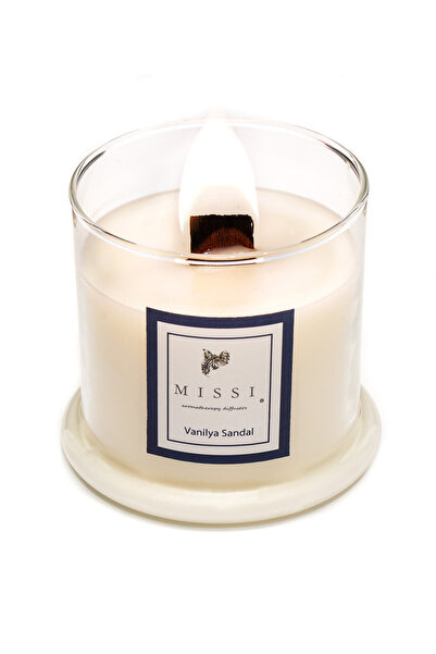Missi Üfleme Cam Ahşap Fitilli Vanilya Sandal Vegan Mum(140 GR)