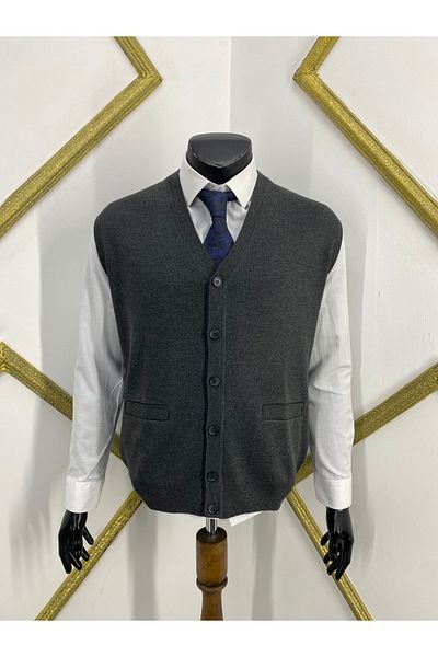 Sadık Collection Ateş Knitwear Men's V-Neck Pocket Detailed Sleeveless Wool Vest 492
