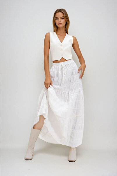 VAGGON Women's White Lace Detailed Bohemian Skirt Prmx12708