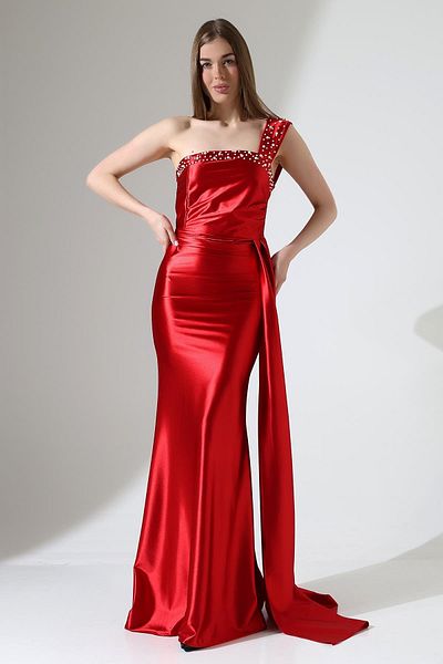 Deafox Red Satin Fabric Stone Detailed Maxi Length Evening Dress with Tail