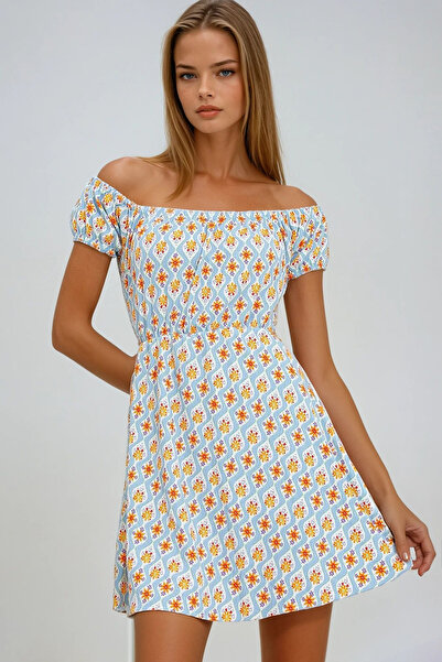 VAGGON Жіноча синьо-помаранчева сукня з коміром-мадонною, рукавами-капюшонами та візерунком з крихкого трикотажу Prmx10516