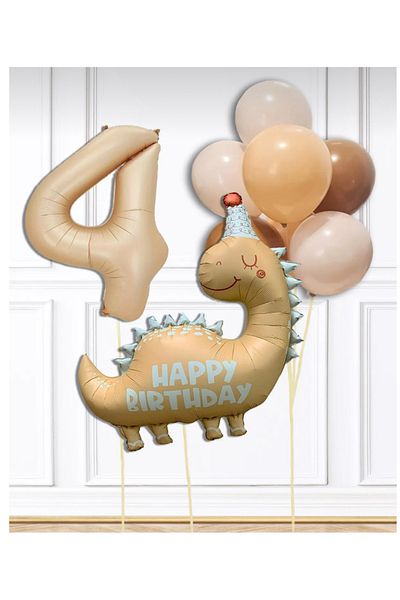 Çemrek Süs Parti Cream Dinosaur and Number Foil Balloon Set 12 Pieces