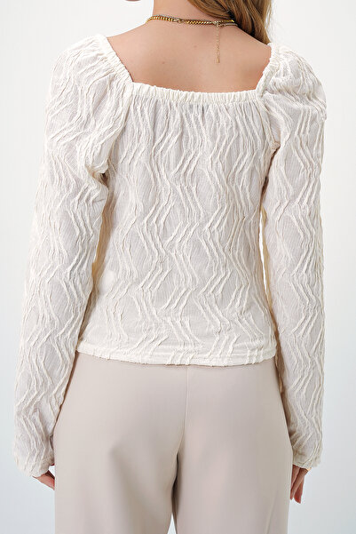 VAGGON Women's Vanilla Square Neck Front Gathered Princess Sleeve Print Blouse Prmx13366