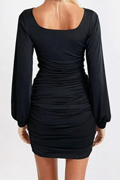 VAGGON Women's Black Square Neck Long Sleeve Shirred Sides Mini Dress Prmx13308