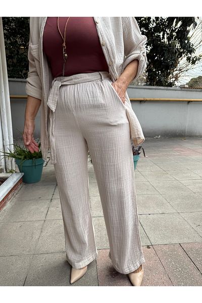 DenizEge Belted Muslin Trousers Beige