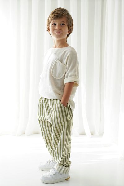 Catz Kids Green White Striped Linen Carrot Trousers White Muslin Pocket Detailed Shirt