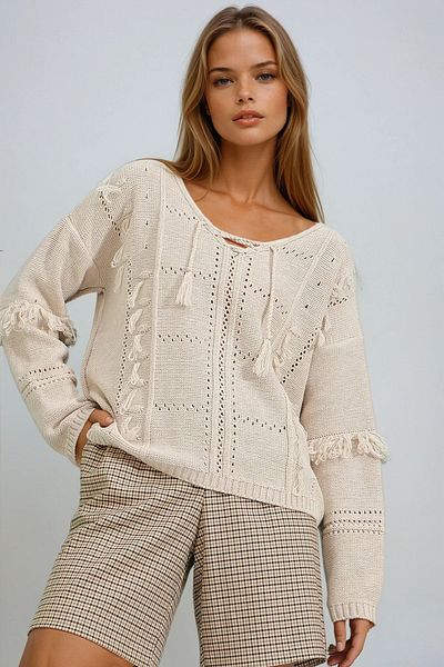 VAGGON Women's Beige V-Neck Tassel and Openwork Knitwear Blouse