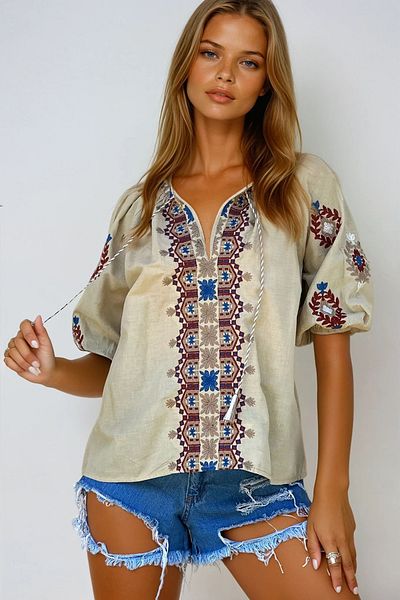 VAGGON Women Dark Beige V Neck Embroidery Embroidered Watermelon Sleeve Woven Blouse Prmx12417