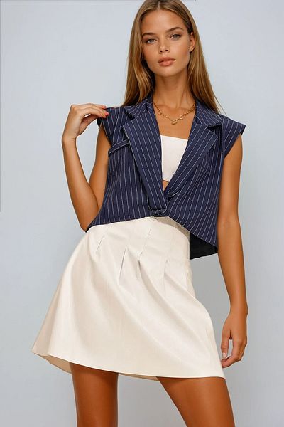 VAGGON Women's Navy Blue Shirt Collar Fillet Striped Blouse