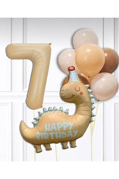 Çemrek Süs Parti Cream Dinosaur and Number Foil Balloon Set 12 Pieces