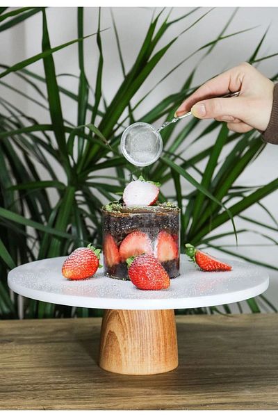 Lizzy Marble Pattern Cake Cake Stand, Wooden Footed Cake Stand, Marble Cheese Plate 28 cm