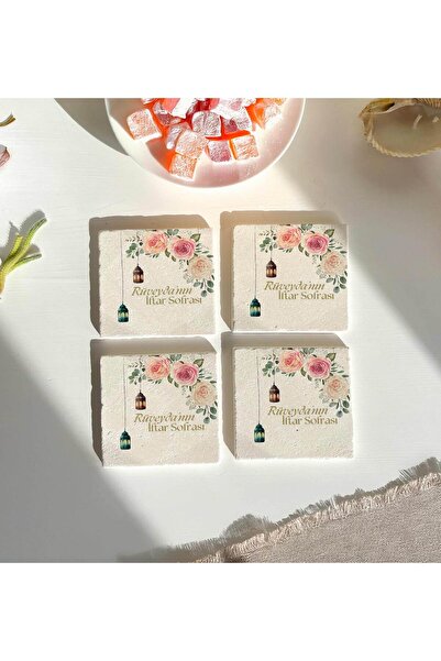 arslart Ramazan, İftar Sofrası Sunumu 4’lü Kişiye Güllü Özel Doğal Taş Bardak...