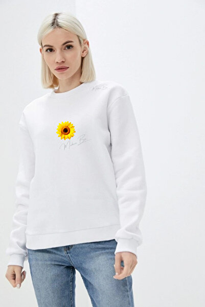 Ayçiçeği Günebakan Görsel Baskılı UNİSEX Oversize 0 Yaka Sweetshirt %100 Pamuk