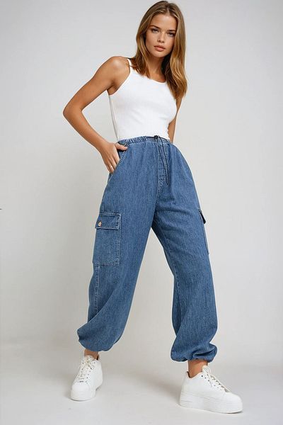 VAGGON Pantaloni de jogging cargo pentru femei cu talie și picior elastic albastru Prmx11759