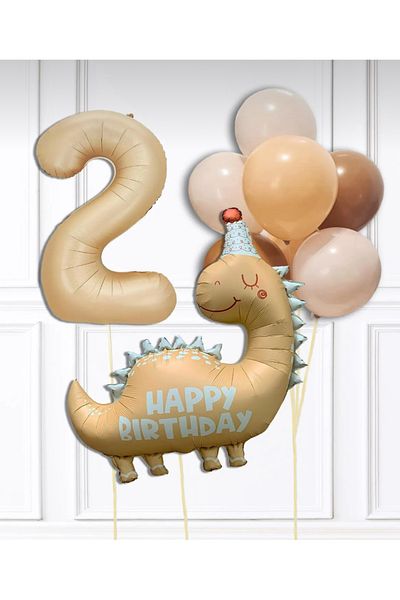 Çemrek Süs Parti Cream Dinosaur and Number Foil Balloon Set 12 Pieces