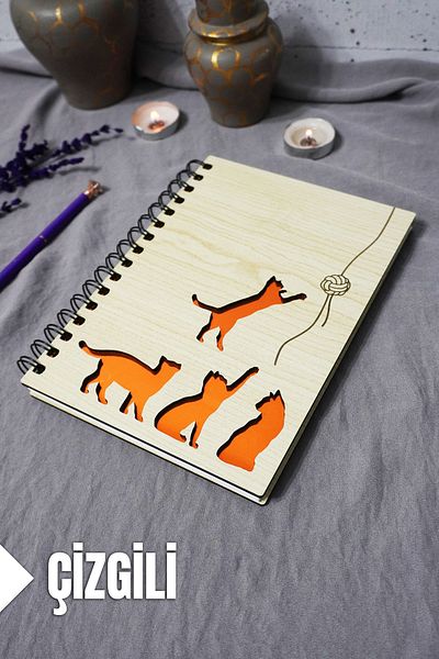markcat Cat Pattern Wooden Door Notebook - Line Agenda - School Use (A5 - 120 Sheets)