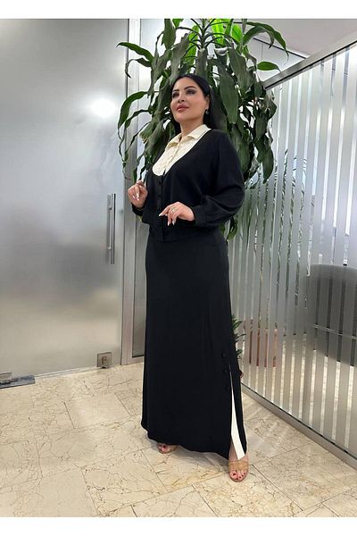mardi exclusive طقم تنورة قميص أبيض وأسود بتفاصيل لؤلؤية مقاس كبير للسيدات