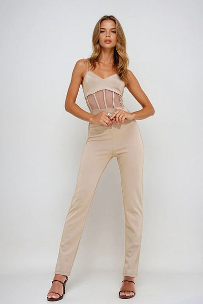 VAGGON Women's Light Beige Strappy Mesh Detailed Back Zipper Jumpsuit Prmx12194