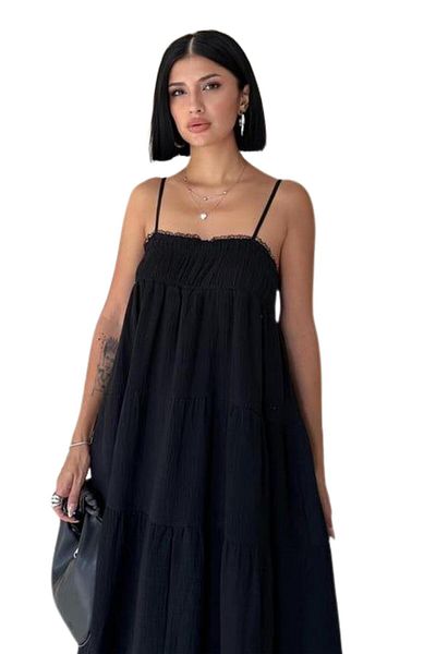 Moda Amore Rochie de vară pentru femei din bumbac - țesătură muselină cu bretele detaliate, mărime midi 4198
