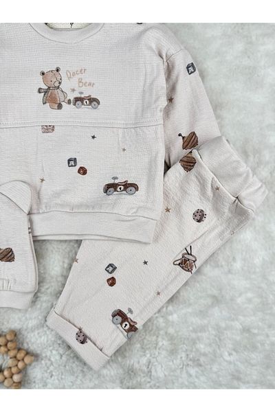 Minizade Racer Bear Printed 100% Cotton 3-Piece Baby Boy Set with Seasonal Cap