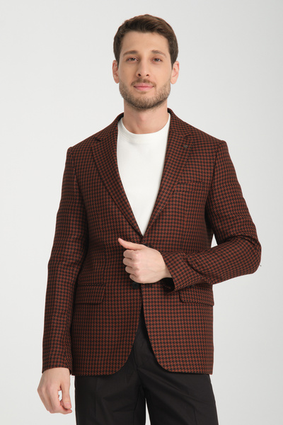 Frappoli Parcessi Erkek Kahve Kazayağı Desenli Slim Fit Dar Kesim Esnemeyen Kumaş Blazer Ceket