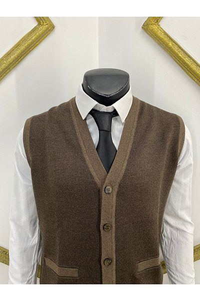Sadık Collection Fire Knitwear Ανδρικό μάλλινο γιλέκο με λαιμόκοψη V με λεπτομέρεια 492