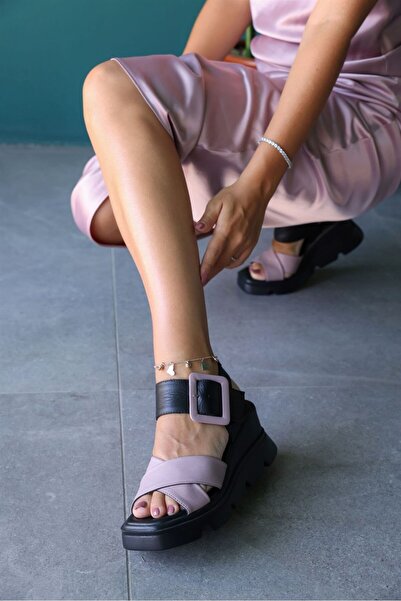 NILUFARR Linda Black Genuine Leather Thick Soled Sandals