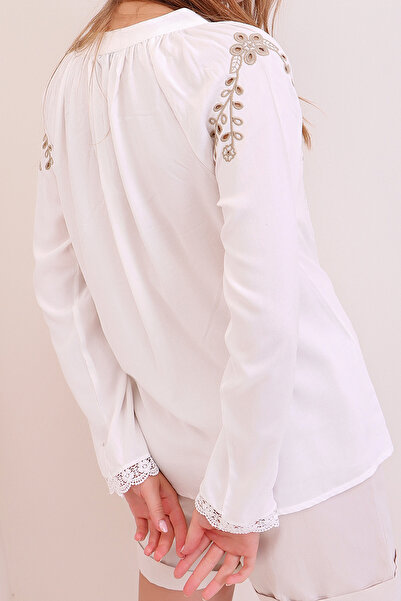 VAGGON Women's Ecru Judge Collar Embroidery Embroidered Scallop Detailed Cotton Blouse Prmx6821