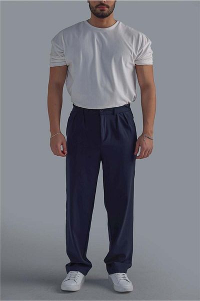 OUTFİT MAN Men's Classic Baggy Trousers Navy Blue