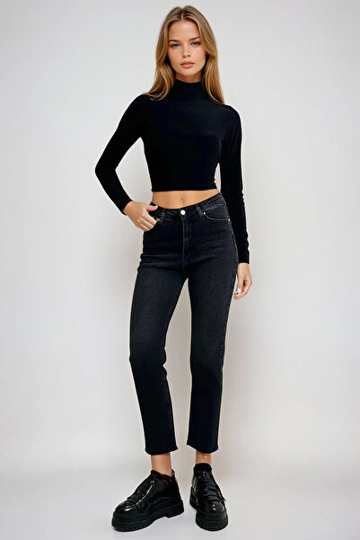 VAGGON Kadın Siyah Paçası Püsküllü Slim Fit Jean Pantolon Prmx13304