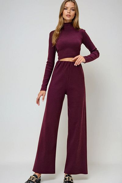 VAGGON Set de bluză și pantaloni pentru femei, burgundă, cu guler în picioare, camisole, Prmx13058