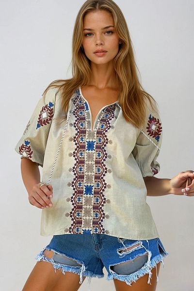 VAGGON Women Dark Beige V Neck Embroidery Embroidered Watermelon Sleeve Woven Blouse Prmx12417