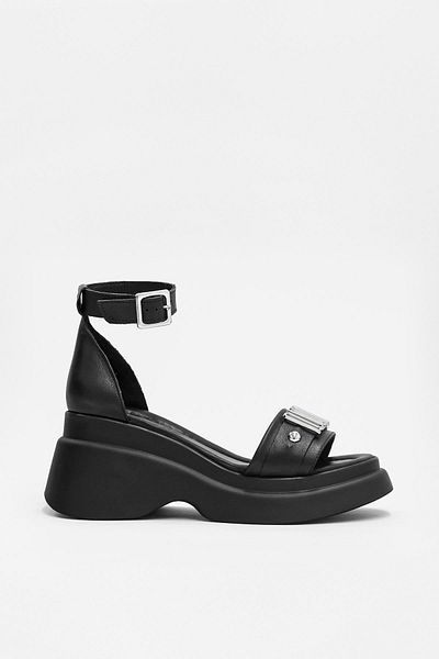 NILUFARR Black Genuine Leather - Women's Heeled Sandals with Silver Accessories