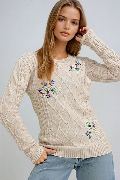 VAGGON Pulover de damă, bej, cu decolteu, tricotaje brodate Prmx9280