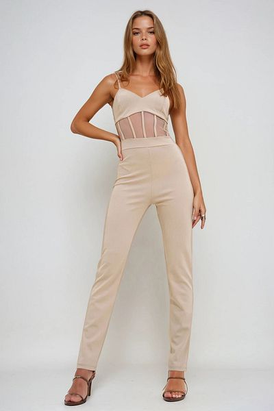 VAGGON Women's Light Beige Strappy Mesh Detailed Back Zipper Jumpsuit Prmx12194