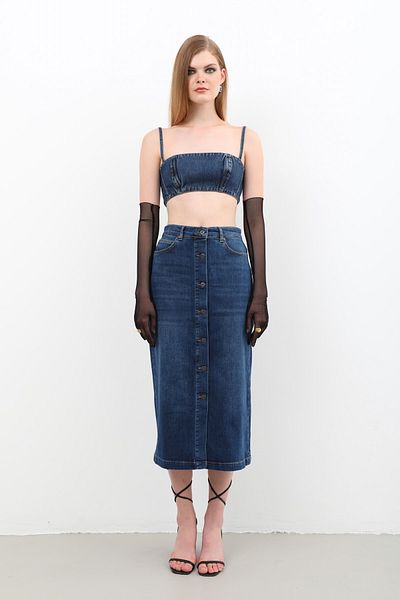 Bluewhite Fusta lungă din denim cu talie înaltă, cu nasturi în față