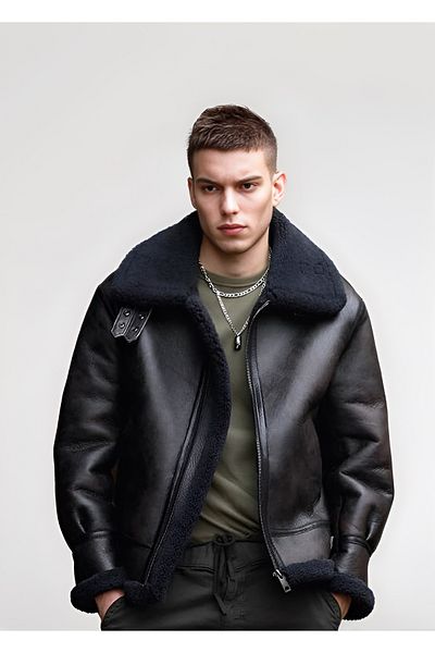 By Marki Marki Men's Genuine Leather Pilot Coat Black, Inner Fur, Buckle From, 74 cm