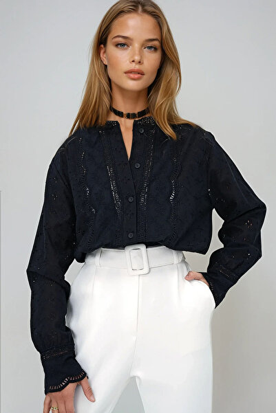 VAGGON Дамска черна риза с волани и бродерия, Prmx13356